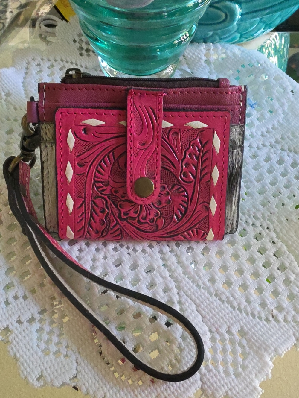 Wrangler Pink Tooled Leather Wristlet with Floral Embossing And Cowhide